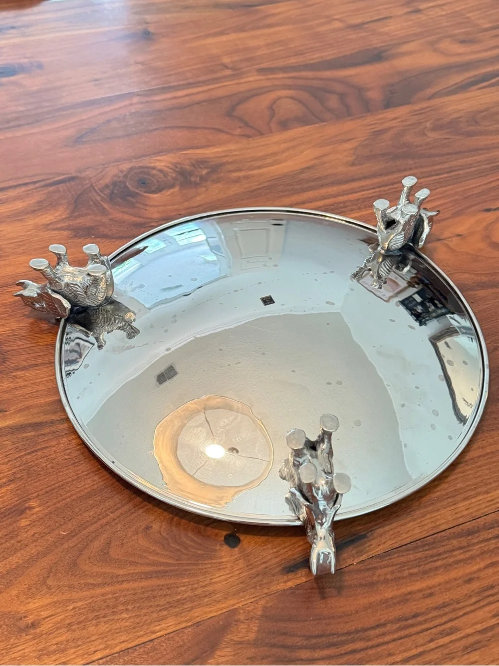 Silver Metal 12 in. Round Decorative Tray with Elephants 12.5”